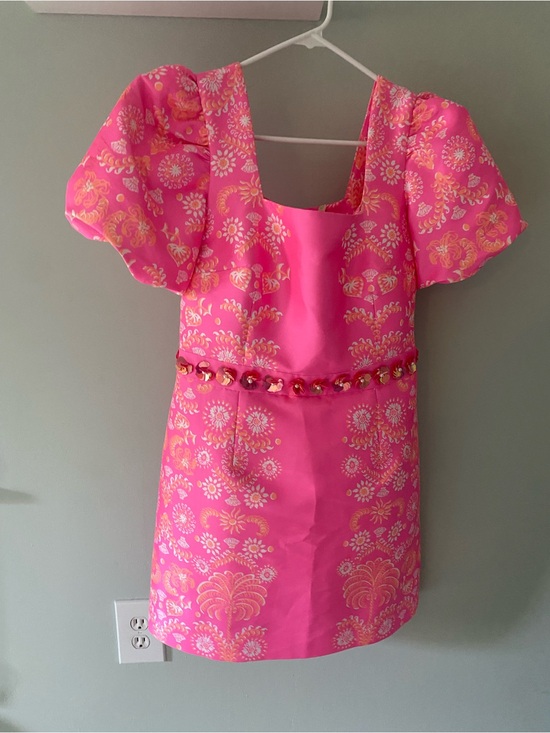 Lilly Pulitzer Dresses & Skirts - Lilly Pulitzer Hot Pink & Gold Floral Puff-Sleeve Mini Dress